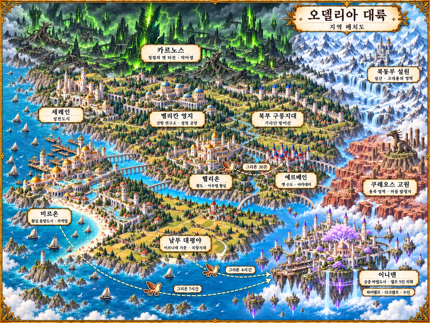 북부 악마령 카르노스와 빙원, 제국의 생활권, 남동쪽 공중도시 이니덴을 담은 오델리아 11개 지역 지도